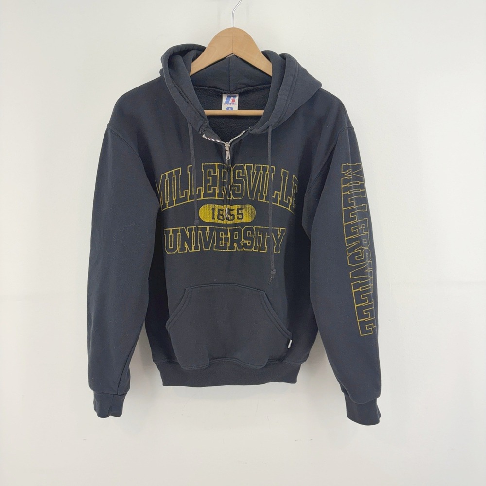 Y2K Russell Athletic Millersville University 1/4 Zip Hoodie Small Black Yellow